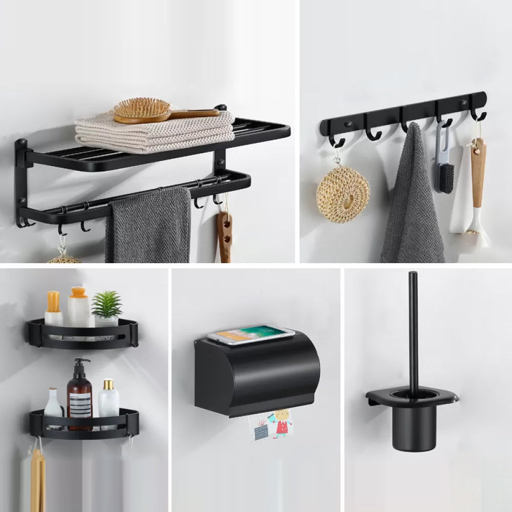 Modern Bathroom Hardware Black Paper Holder Bath Shelf Bathroom Accessory Kit 6-Piece Set (Row Hook) Clearhalo 'Bathroom Hardware Sets' 'Bathroom Hardware' 'Bathroom Remodel & Bathroom Fixtures' 'bathroom_hardware_sets' 'Home Improvement' 'home_improvement' 'home_improvement_bathroom_hardware_sets' 6738062