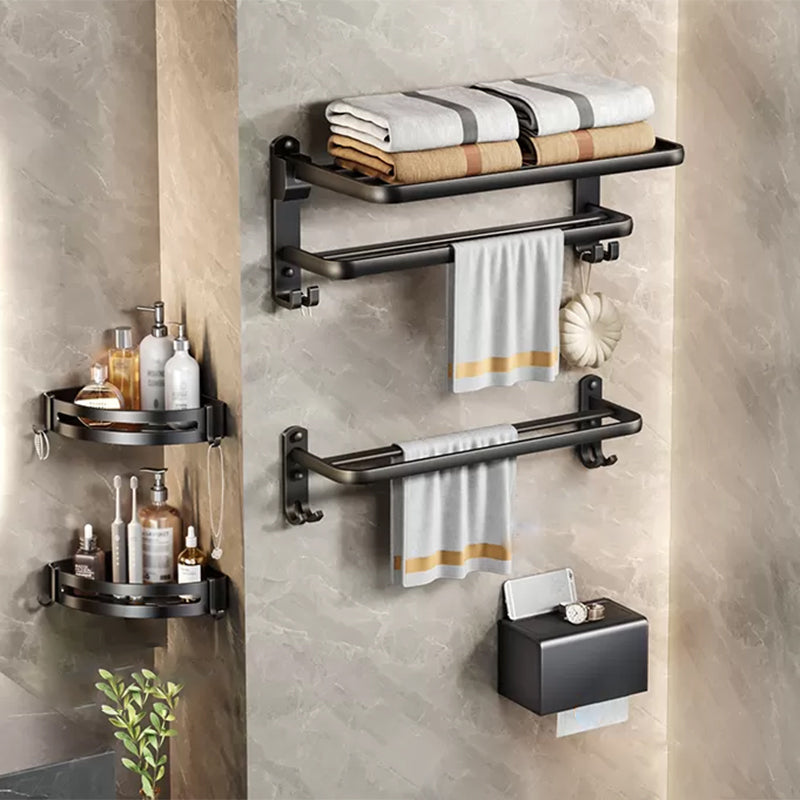 Modern Matte Black Bathroom Accessory Set Towel Bar/Paper Holder/Robe Hook Included Horizontal Bar with Hook 5-Piece Set Clearhalo 'Bathroom Hardware Sets' 'Bathroom Hardware' 'Bathroom Remodel & Bathroom Fixtures' 'bathroom_hardware_sets' 'Home Improvement' 'home_improvement' 'home_improvement_bathroom_hardware_sets' 6738156