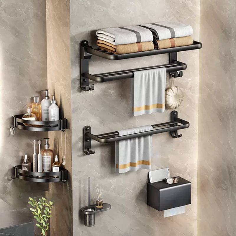 Modern Matte Black Bathroom Accessory Set Towel Bar/Paper Holder/Robe Hook Included Horizontal Bar with Hook 6-Piece Set Clearhalo 'Bathroom Hardware Sets' 'Bathroom Hardware' 'Bathroom Remodel & Bathroom Fixtures' 'bathroom_hardware_sets' 'Home Improvement' 'home_improvement' 'home_improvement_bathroom_hardware_sets' 6738157