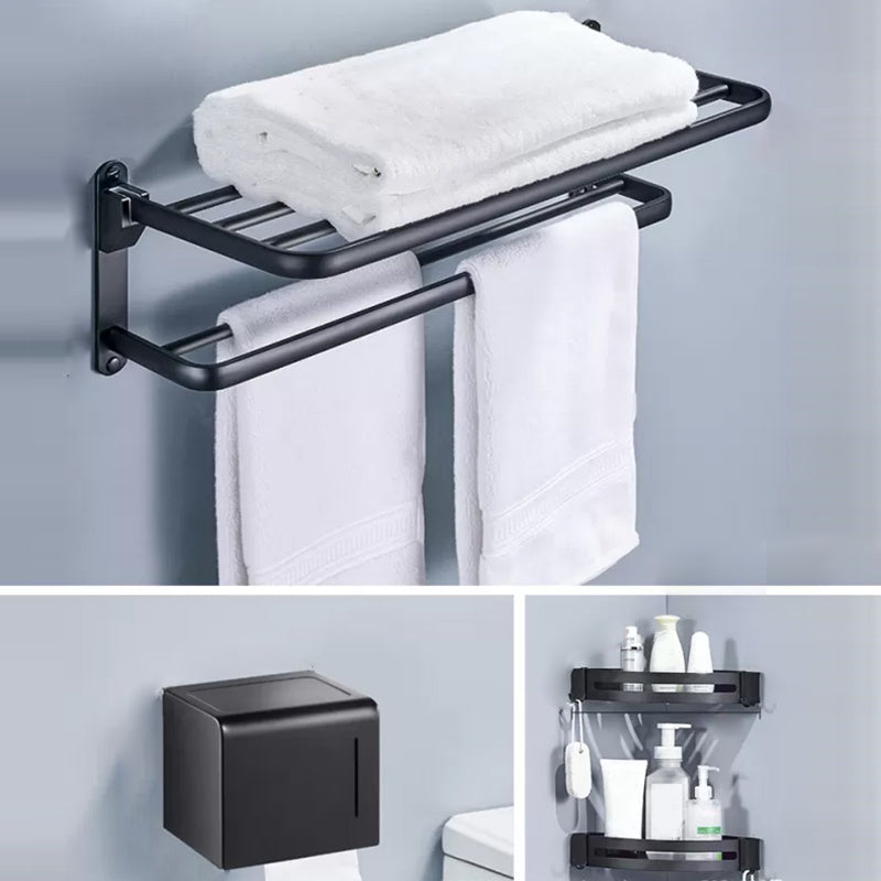 Modern Matte Black Bathroom Accessory Set Towel Bar/Paper Holder/Robe Hook Included Double Layer 4-Piece Set Clearhalo 'Bathroom Hardware Sets' 'Bathroom Hardware' 'Bathroom Remodel & Bathroom Fixtures' 'bathroom_hardware_sets' 'Home Improvement' 'home_improvement' 'home_improvement_bathroom_hardware_sets' 6738161