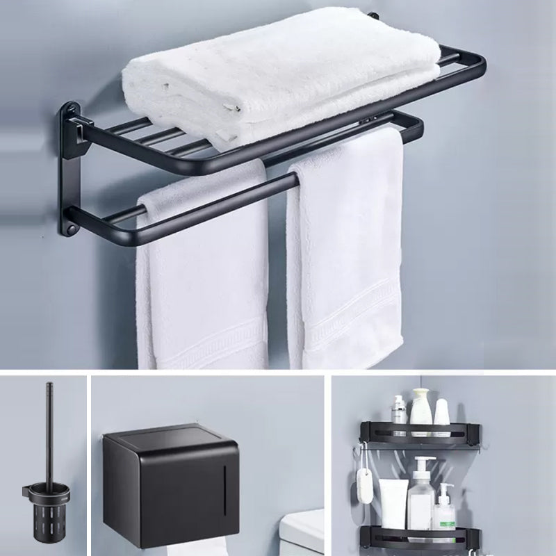 Modern Matte Black Bathroom Accessory Set Towel Bar/Paper Holder/Robe Hook Included Double Layer 5-Piece Set Clearhalo 'Bathroom Hardware Sets' 'Bathroom Hardware' 'Bathroom Remodel & Bathroom Fixtures' 'bathroom_hardware_sets' 'Home Improvement' 'home_improvement' 'home_improvement_bathroom_hardware_sets' 6738163
