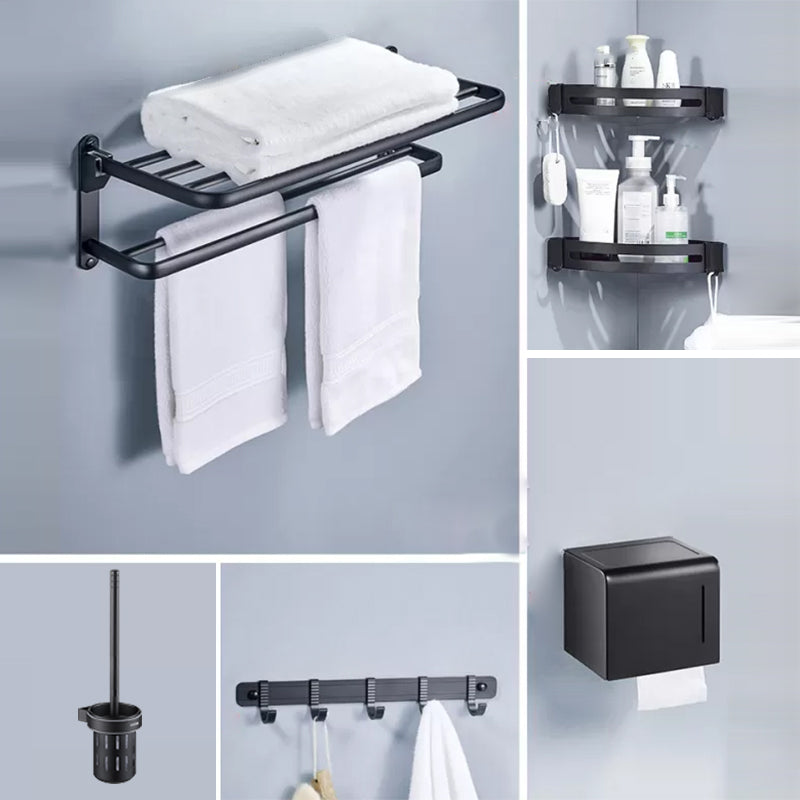 Modern Matte Black Bathroom Accessory Set Towel Bar/Paper Holder/Robe Hook Included Double Layer 6-Piece Set (Row Hook) Clearhalo 'Bathroom Hardware Sets' 'Bathroom Hardware' 'Bathroom Remodel & Bathroom Fixtures' 'bathroom_hardware_sets' 'Home Improvement' 'home_improvement' 'home_improvement_bathroom_hardware_sets' 6738165