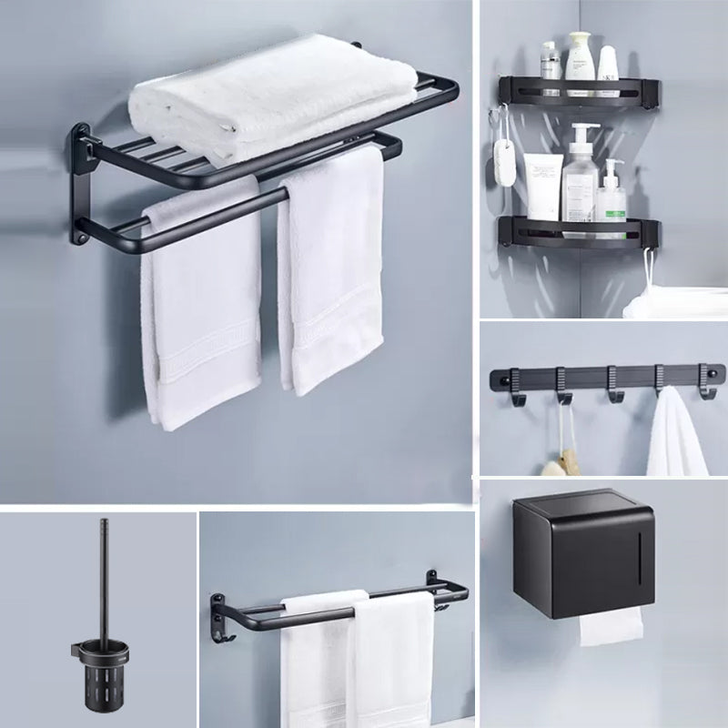 Modern Matte Black Bathroom Accessory Set Towel Bar/Paper Holder/Robe Hook Included Double Layer7-Piece Set (6"L Toilet Paper Holder) Clearhalo 'Bathroom Hardware Sets' 'Bathroom Hardware' 'Bathroom Remodel & Bathroom Fixtures' 'bathroom_hardware_sets' 'Home Improvement' 'home_improvement' 'home_improvement_bathroom_hardware_sets' 6738169