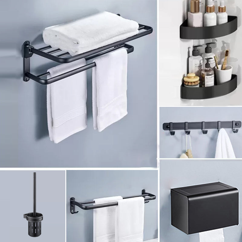 Modern Matte Black Bathroom Accessory Set Towel Bar/Paper Holder/Robe Hook Included Double Layer7-Piece Set (8"L Toilet Paper Holder) Clearhalo 'Bathroom Hardware Sets' 'Bathroom Hardware' 'Bathroom Remodel & Bathroom Fixtures' 'bathroom_hardware_sets' 'Home Improvement' 'home_improvement' 'home_improvement_bathroom_hardware_sets' 6738172