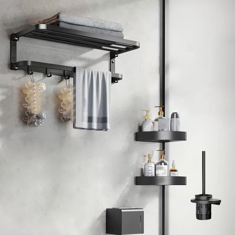 Modern Matte Black Bathroom Accessory Set Towel Bar/Paper Holder/Robe Hook Included Horizontal Foldable 5-Piece Set Clearhalo 'Bathroom Hardware Sets' 'Bathroom Hardware' 'Bathroom Remodel & Bathroom Fixtures' 'bathroom_hardware_sets' 'Home Improvement' 'home_improvement' 'home_improvement_bathroom_hardware_sets' 6738185