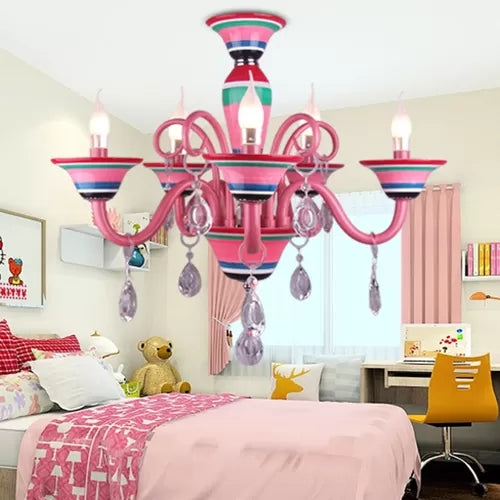 Candle Shaped Hanging Light with Teardrop Crystal Kids Metal Pendant Light in Pink for Girls Room Clearhalo 'Ceiling Lights' 'Chandeliers' Lighting' options 67410