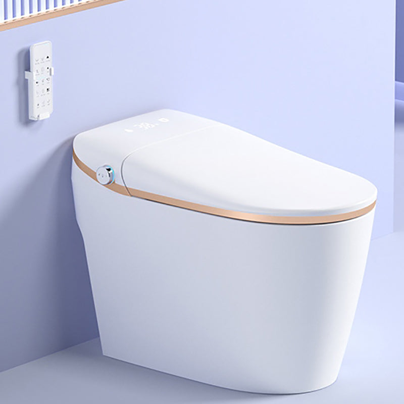 Elongated All-In-One Toilet Bowl Siphon Jet Contemporary Toilet White/ Gold Foot Touch Flush (Standard Configuration) 14" Clearhalo 'Bathroom Remodel & Bathroom Fixtures' 'Home Improvement' 'home_improvement' 'home_improvement_toilets' 'Toilets & Bidets' 'Toilets' 6741346