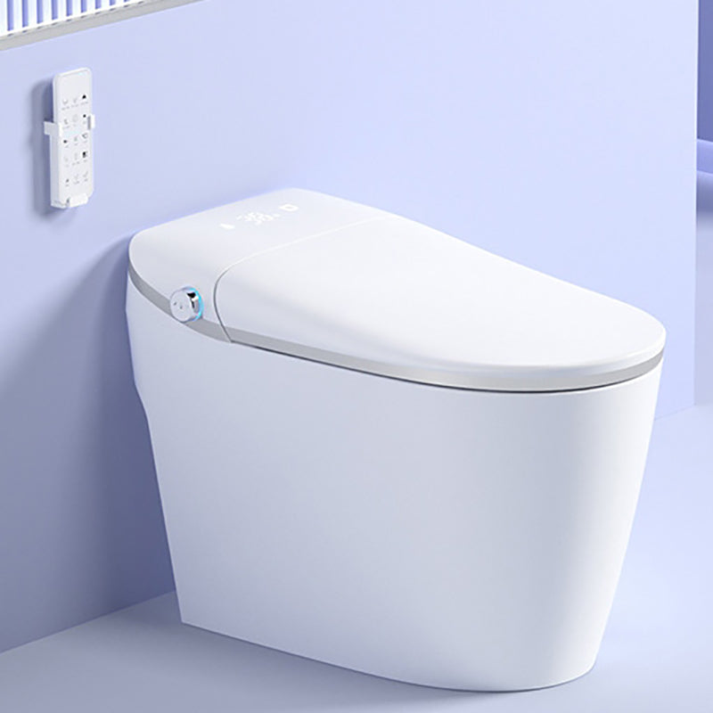 Elongated All-In-One Toilet Bowl Siphon Jet Contemporary Toilet White/Silver Foot Touch Flush (Standard Configuration) Clearhalo 'Bathroom Remodel & Bathroom Fixtures' 'Home Improvement' 'home_improvement' 'home_improvement_toilets' 'Toilets & Bidets' 'Toilets' 6741348