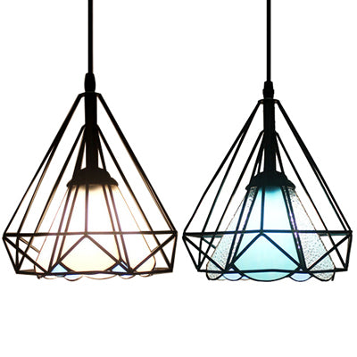 Stained Glass Cone Pendant Light with Diamond Cage 1 Light Industrial Hanging Lamp for Restaurant Clearhalo 'Ceiling Lights' 'Close To Ceiling Lights' 'Industrial' 'Middle Century Pendants' 'Pendant Lights' 'Pendants' 'Tiffany close to ceiling' 'Tiffany Pendants' 'Tiffany' Lighting' 67420