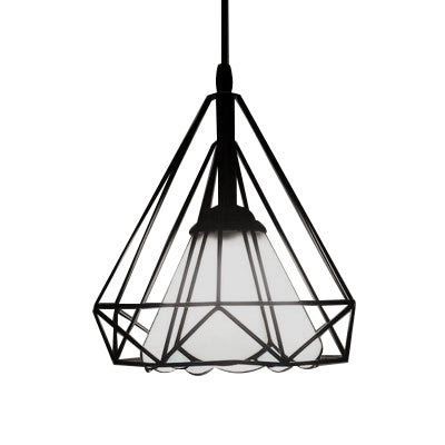 Stained Glass Cone Pendant Light with Diamond Cage 1 Light Industrial Hanging Lamp for Restaurant Clearhalo 'Ceiling Lights' 'Close To Ceiling Lights' 'Industrial' 'Middle Century Pendants' 'Pendant Lights' 'Pendants' 'Tiffany close to ceiling' 'Tiffany Pendants' 'Tiffany' Lighting' 67422