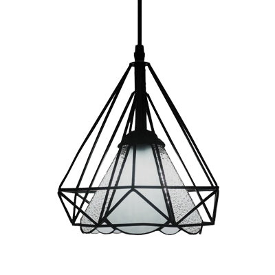Stained Glass Cone Pendant Light with Diamond Cage 1 Light Industrial Hanging Lamp for Restaurant Clearhalo 'Ceiling Lights' 'Close To Ceiling Lights' 'Industrial' 'Middle Century Pendants' 'Pendant Lights' 'Pendants' 'Tiffany close to ceiling' 'Tiffany Pendants' 'Tiffany' Lighting' 67425