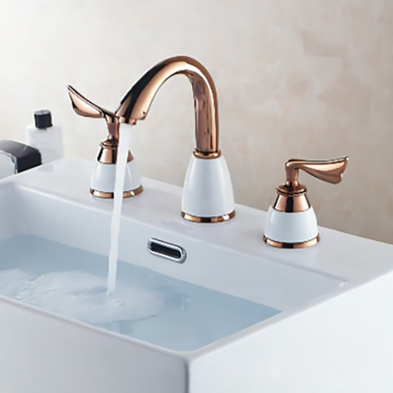 Glam Widespread Sink Faucet Lever Handles 3 Holes Solid Brass Faucet Rose Gold Arc Clearhalo 'Bathroom Remodel & Bathroom Fixtures' 'Bathroom Sink Faucets' 'Bathroom Sinks & Faucet Components' 'bathroom_sink_faucets' 'Home Improvement' 'home_improvement' 'home_improvement_bathroom_sink_faucets' 6742679