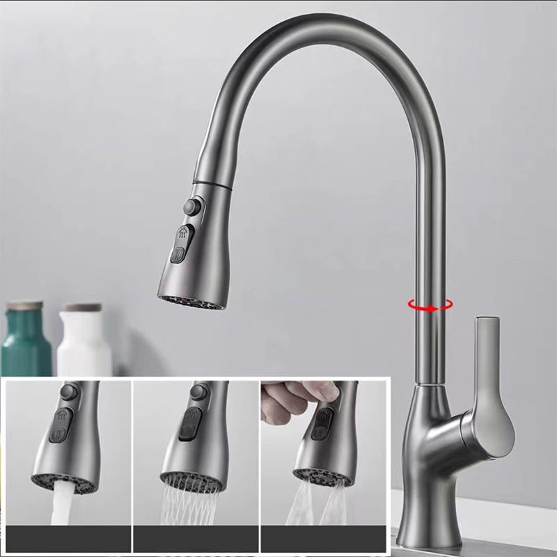 Contemporary Retractable Faucet Copper Single Handle High Arc Faucet for Kitchen Silver/Gray Clearhalo 'Home Improvement' 'home_improvement' 'home_improvement_kitchen_faucets' 'Kitchen Faucets' 'Kitchen Remodel & Kitchen Fixtures' 'Kitchen Sinks & Faucet Components' 'kitchen_faucets' 6742736