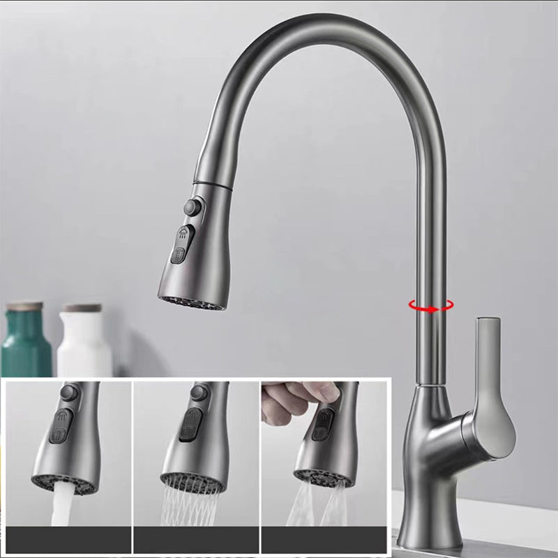 Contemporary Retractable Faucet Copper Single Handle High Arc Faucet for Kitchen Silver Gray Clearhalo 'Home Improvement' 'home_improvement' 'home_improvement_kitchen_faucets' 'Kitchen Faucets' 'Kitchen Remodel & Kitchen Fixtures' 'Kitchen Sinks & Faucet Components' 'kitchen_faucets' 6742736