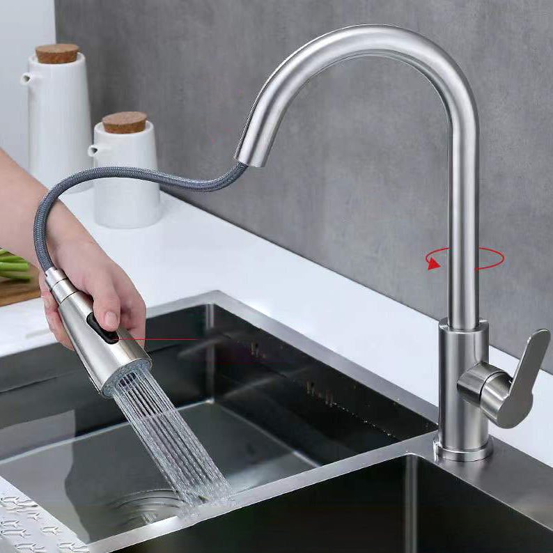 Pull Down Kitchen Standard Faucet Single Handle Faucet with Pull Out Sprayer Nickel Clearhalo 'Home Improvement' 'home_improvement' 'home_improvement_kitchen_faucets' 'Kitchen Faucets' 'Kitchen Remodel & Kitchen Fixtures' 'Kitchen Sinks & Faucet Components' 'kitchen_faucets' 6742851