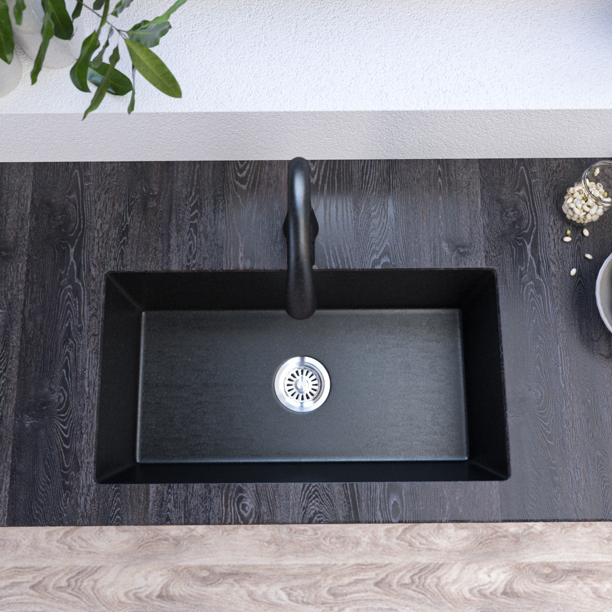 Contemporary Kitchen Sink Black Square Quartz Single Bowl without Faucet 26.8"L x 17.3"W x 8.7"H Clearhalo 'Home Improvement' 'home_improvement' 'home_improvement_kitchen_sinks' 'Kitchen Remodel & Kitchen Fixtures' 'Kitchen Sinks & Faucet Components' 'Kitchen Sinks' 'kitchen_sinks' 6742972