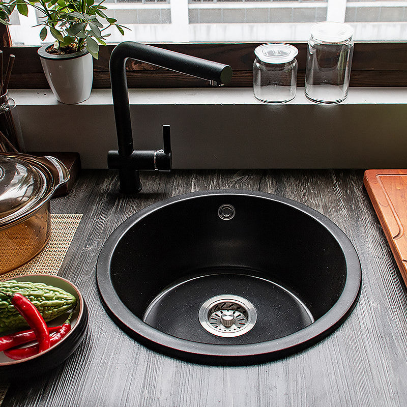 Contemporary Kitchen Sink Black Round Quartz Drop-In Single Bowl(Not Included Faucet) Clearhalo 'Home Improvement' 'home_improvement' 'home_improvement_kitchen_sinks' 'Kitchen Remodel & Kitchen Fixtures' 'Kitchen Sinks & Faucet Components' 'Kitchen Sinks' 'kitchen_sinks' 6742988