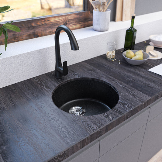 Contemporary Kitchen Sink Black Round Quartz Drop-In Single Bowl(Not Included Faucet) Clearhalo 'Home Improvement' 'home_improvement' 'home_improvement_kitchen_sinks' 'Kitchen Remodel & Kitchen Fixtures' 'Kitchen Sinks & Faucet Components' 'Kitchen Sinks' 'kitchen_sinks' 6742989