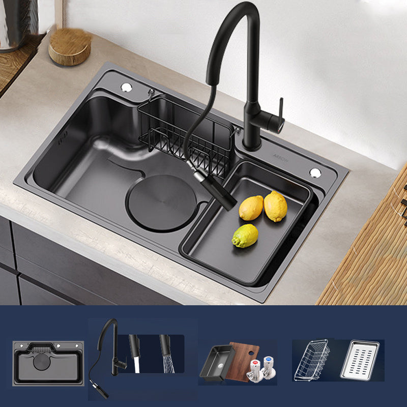 Kitchen Sink Stainless Steel Drop-In Basket Strainer Single Bowl Sink with Faucet 29.5"L x 18.9"W x 8.7"H Sink with Faucet Stainless Steel Pull Out Faucet Clearhalo 'Home Improvement' 'home_improvement' 'home_improvement_kitchen_sinks' 'Kitchen Remodel & Kitchen Fixtures' 'Kitchen Sinks & Faucet Components' 'Kitchen Sinks' 'kitchen_sinks' 6743013