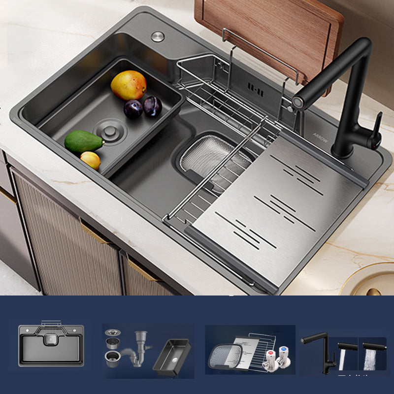 Kitchen Sink Stainless Steel Drop-In Basket Strainer Single Bowl Sink with Faucet 31"L x 19"W x 9"H Sink with Faucet Seven Character Draw Faucet Clearhalo 'Home Improvement' 'home_improvement' 'home_improvement_kitchen_sinks' 'Kitchen Remodel & Kitchen Fixtures' 'Kitchen Sinks & Faucet Components' 'Kitchen Sinks' 'kitchen_sinks' 6743028