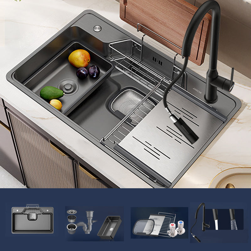 Kitchen Sink Stainless Steel Drop-In Basket Strainer Single Bowl Sink with Faucet 31"L x 19"W x 9"H Sink with Faucet Stainless Steel Pull Out Faucet Clearhalo 'Home Improvement' 'home_improvement' 'home_improvement_kitchen_sinks' 'Kitchen Remodel & Kitchen Fixtures' 'Kitchen Sinks & Faucet Components' 'Kitchen Sinks' 'kitchen_sinks' 6743030