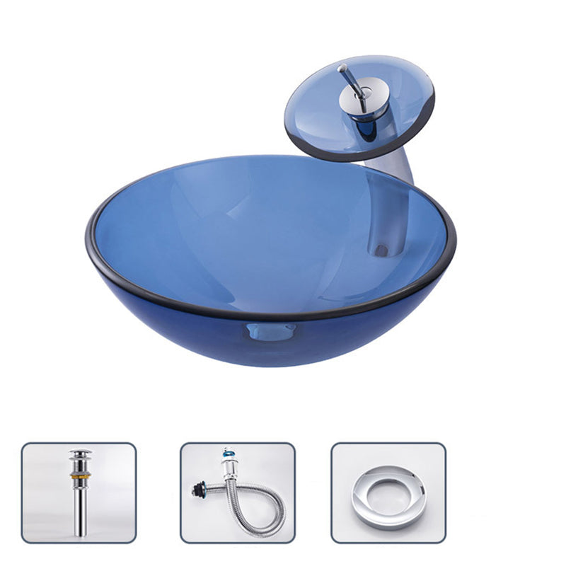 Creative Vessel Bathroom Sink Glass Vessel Lavatory Sink in Blue Sink with Faucet Circular Clearhalo 'Bathroom Remodel & Bathroom Fixtures' 'Bathroom Sinks & Faucet Components' 'Bathroom Sinks' 'bathroom_sink' 'Home Improvement' 'home_improvement' 'home_improvement_bathroom_sink' 6743131