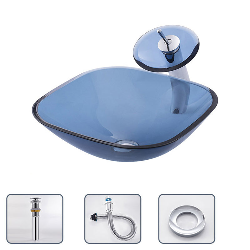 Creative Vessel Bathroom Sink Glass Vessel Lavatory Sink in Blue Sink with Faucet Square Clearhalo 'Bathroom Remodel & Bathroom Fixtures' 'Bathroom Sinks & Faucet Components' 'Bathroom Sinks' 'bathroom_sink' 'Home Improvement' 'home_improvement' 'home_improvement_bathroom_sink' 6743140