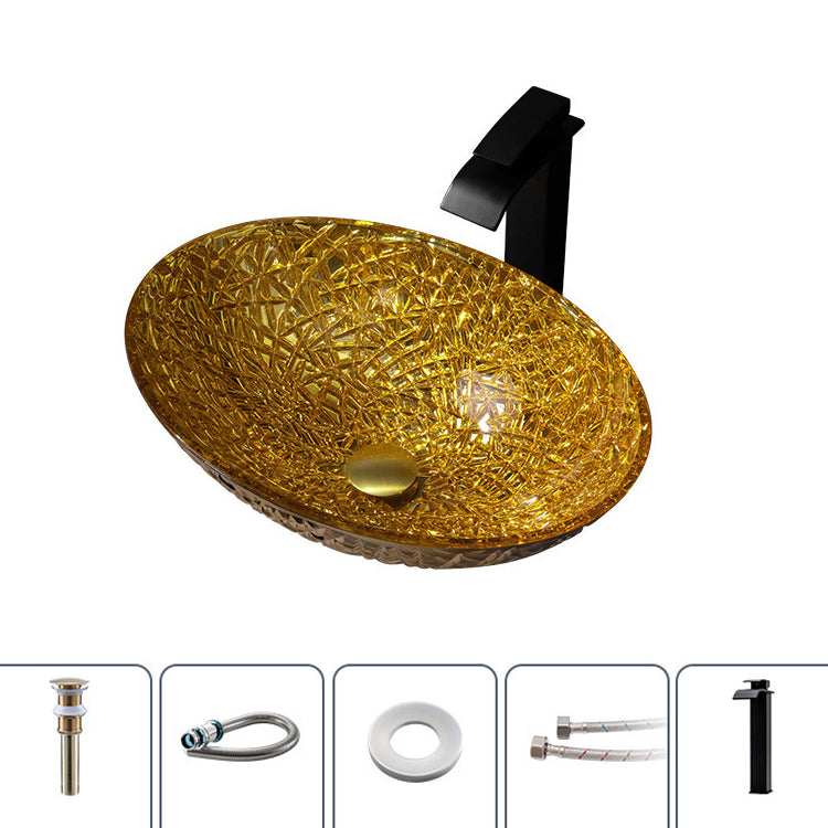 Creative Oval Bathroom Sink Glass Vessel Lavatory Sink with Pop-Up Drain Gold Sink with Faucet Clearhalo 'Bathroom Remodel & Bathroom Fixtures' 'Bathroom Sinks & Faucet Components' 'Bathroom Sinks' 'bathroom_sink' 'Home Improvement' 'home_improvement' 'home_improvement_bathroom_sink' 6743153