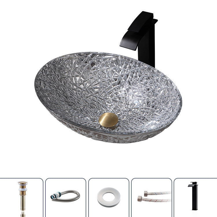 Creative Oval Bathroom Sink Glass Vessel Lavatory Sink with Pop-Up Drain Silver Sink with Faucet Clearhalo 'Bathroom Remodel & Bathroom Fixtures' 'Bathroom Sinks & Faucet Components' 'Bathroom Sinks' 'bathroom_sink' 'Home Improvement' 'home_improvement' 'home_improvement_bathroom_sink' 6743154