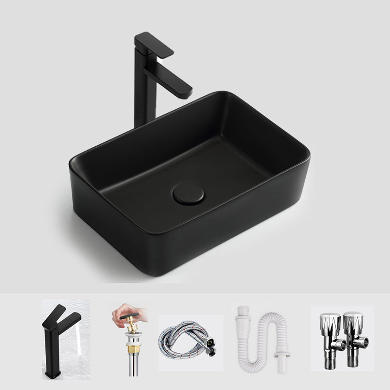 Modern Bathroom Sink Ceramic Oval White Basin Drain Assembly Bathroom Sink 19"L x 13"W x 5"H Black Square Faucet Clearhalo 'Bathroom Remodel & Bathroom Fixtures' 'Bathroom Sinks & Faucet Components' 'Bathroom Sinks' 'bathroom_sink' 'Home Improvement' 'home_improvement' 'home_improvement_bathroom_sink' 6743408