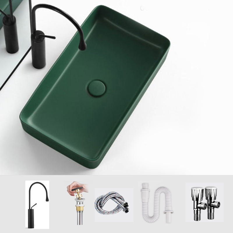 Modern Bathroom Sink Ceramic Oval White Basin Drain Assembly Bathroom Sink 24"L x 13"W x 4"H Green Gooseneck Faucet Clearhalo 'Bathroom Remodel & Bathroom Fixtures' 'Bathroom Sinks & Faucet Components' 'Bathroom Sinks' 'bathroom_sink' 'Home Improvement' 'home_improvement' 'home_improvement_bathroom_sink' 6743426