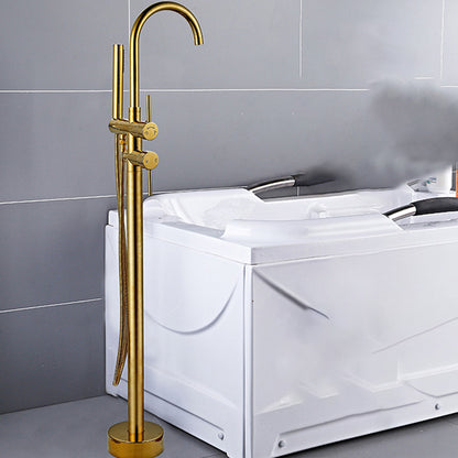 Contemporary Gold Bath Faucet Floor Mounted Full Copper High Arc Tub Faucet Trim Gold Clearhalo 'Bathroom Remodel & Bathroom Fixtures' 'Bathtub Faucets' 'bathtub_faucets' 'Home Improvement' 'home_improvement' 'home_improvement_bathtub_faucets' 6743514