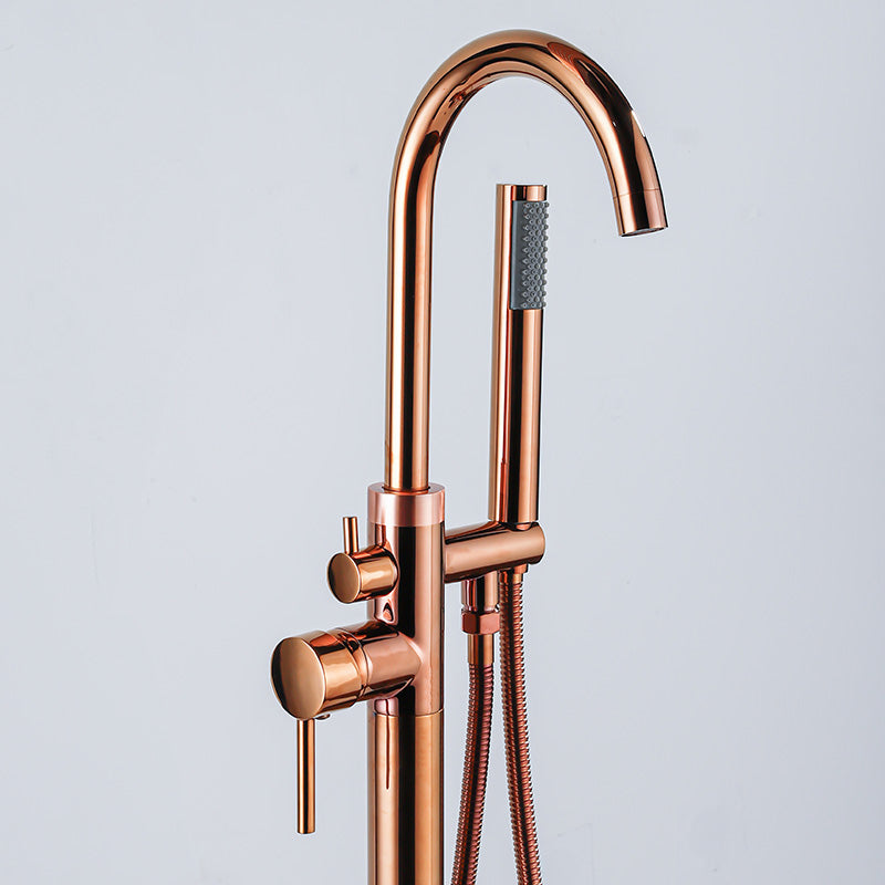Contemporary Gold Bath Faucet Floor Mounted Full Copper High Arc Tub Faucet Trim Clearhalo 'Bathroom Remodel & Bathroom Fixtures' 'Bathtub Faucets' 'bathtub_faucets' 'Home Improvement' 'home_improvement' 'home_improvement_bathtub_faucets' 6743518