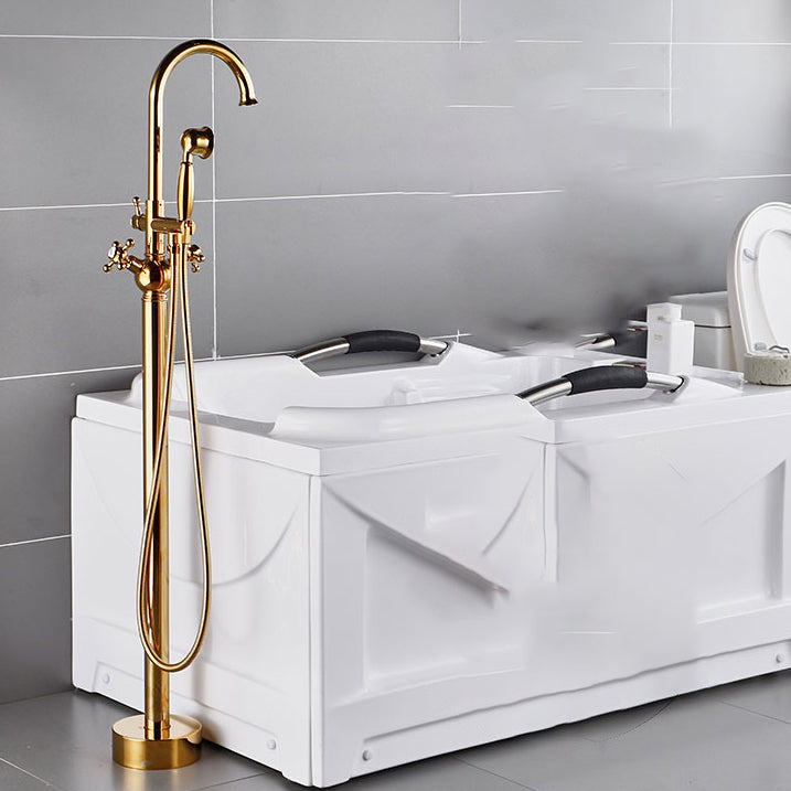 Modern Gold Bath Faucet Trim Floor Mounted High Arc Tub Faucet Gold Cross Handles Hand Shower Included Clearhalo 'Bathroom Remodel & Bathroom Fixtures' 'Bathtub Faucets' 'bathtub_faucets' 'Home Improvement' 'home_improvement' 'home_improvement_bathtub_faucets' 6743526
