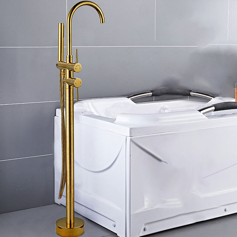 Modern Gold Bath Faucet Trim Floor Mounted High Arc Tub Faucet Rose Gold Lever Handles Hand Shower Included Clearhalo 'Bathroom Remodel & Bathroom Fixtures' 'Bathtub Faucets' 'bathtub_faucets' 'Home Improvement' 'home_improvement' 'home_improvement_bathtub_faucets' 6743529