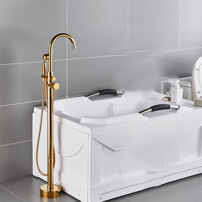 Modern Gold Bath Faucet Trim Floor Mounted High Arc Tub Faucet Gold Lever Handles Hand Shower Included Clearhalo 'Bathroom Remodel & Bathroom Fixtures' 'Bathtub Faucets' 'bathtub_faucets' 'Home Improvement' 'home_improvement' 'home_improvement_bathtub_faucets' 6743530
