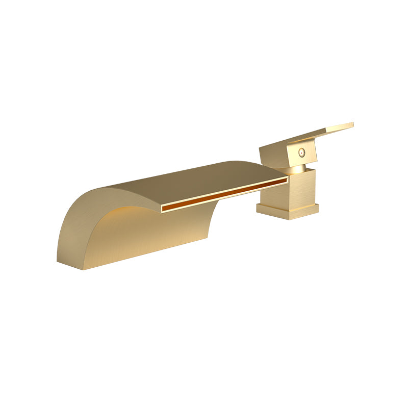 Modern Deck Mounted Metal Tub Filler Low Arc Faucet in Black/Gold Gold Elbow Outlet 2 Hole Faucets Clearhalo 'Bathroom Remodel & Bathroom Fixtures' 'Bathtub Faucets' 'bathtub_faucets' 'Home Improvement' 'home_improvement' 'home_improvement_bathtub_faucets' 6743578