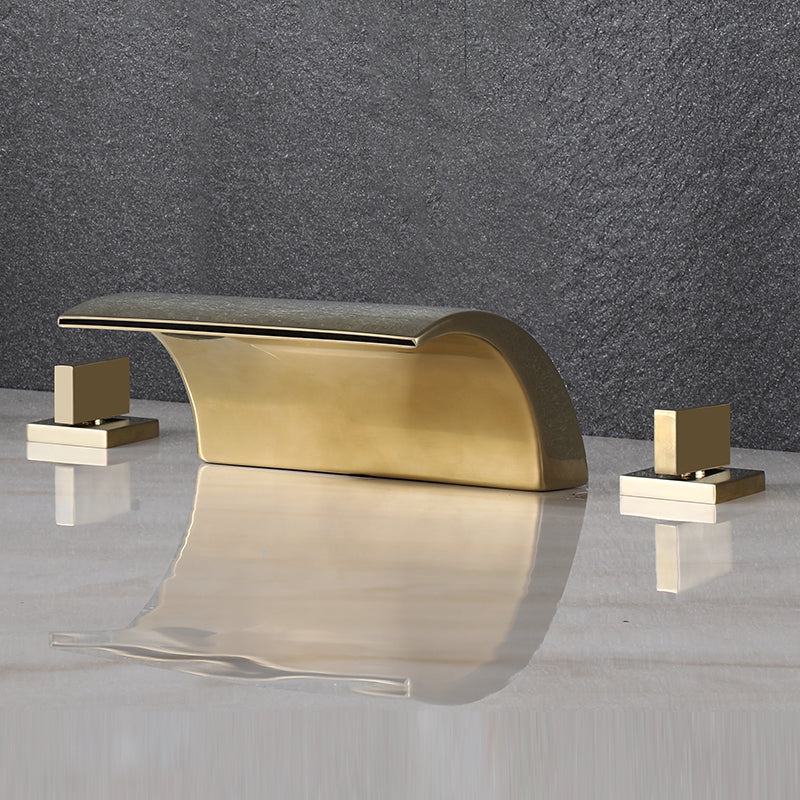 Modern Deck Mounted Metal Tub Filler Low Arc Faucet in Black/Gold Gold Elbow Outlet 3 Hole Faucets Clearhalo 'Bathroom Remodel & Bathroom Fixtures' 'Bathtub Faucets' 'bathtub_faucets' 'Home Improvement' 'home_improvement' 'home_improvement_bathtub_faucets' 6743582