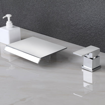 Modern Deck Mounted Metal Tub Filler Low Arc Faucet in Black/Gold Silver Right Angle Outlet 2 Hole Faucets Clearhalo 'Bathroom Remodel & Bathroom Fixtures' 'Bathtub Faucets' 'bathtub_faucets' 'Home Improvement' 'home_improvement' 'home_improvement_bathtub_faucets' 6743585