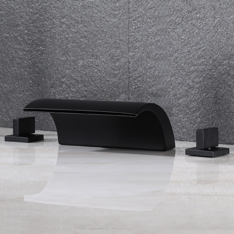 Modern Deck Mounted Metal Tub Filler Low Arc Faucet in Black/Gold Black Elbow Outlet 3 Hole Faucets Clearhalo 'Bathroom Remodel & Bathroom Fixtures' 'Bathtub Faucets' 'bathtub_faucets' 'Home Improvement' 'home_improvement' 'home_improvement_bathtub_faucets' 6743590