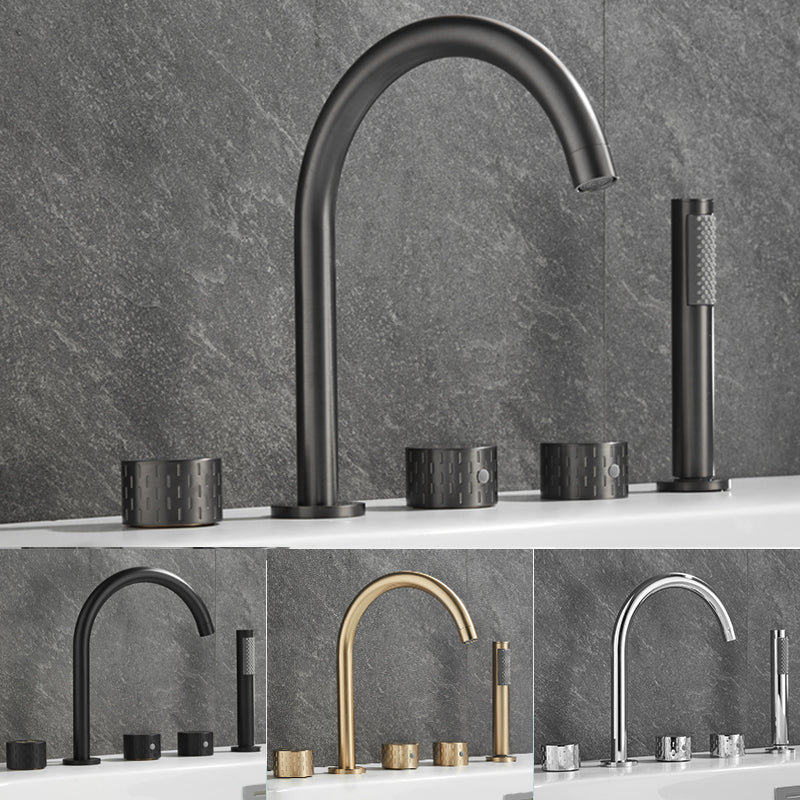 Contemporary Deck Mounted Copper Tub Faucet Low Arc Roman Tub Faucet Set Clearhalo 'Bathroom Remodel & Bathroom Fixtures' 'Bathtub Faucets' 'bathtub_faucets' 'Home Improvement' 'home_improvement' 'home_improvement_bathtub_faucets' 6743599