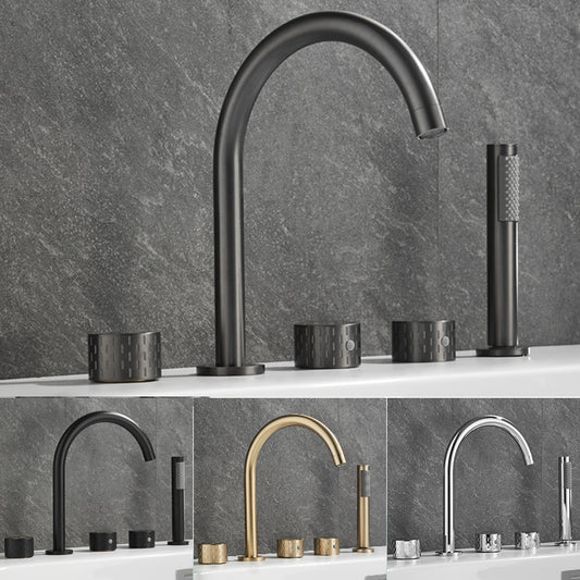 Contemporary Deck Mounted Copper Tub Faucet Low Arc Roman Tub Faucet Set Clearhalo 'Bathroom Remodel & Bathroom Fixtures' 'Bathtub Faucets' 'bathtub_faucets' 'Home Improvement' 'home_improvement' 'home_improvement_bathtub_faucets' 6743599