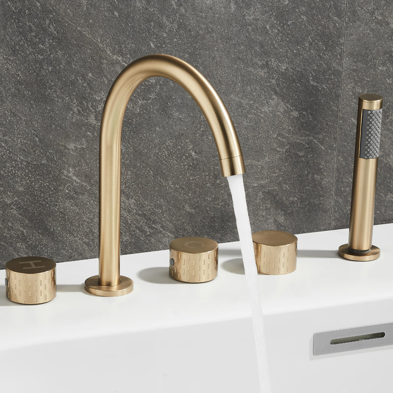 Contemporary Deck Mounted Copper Tub Faucet Low Arc Roman Tub Faucet Set Clearhalo 'Bathroom Remodel & Bathroom Fixtures' 'Bathtub Faucets' 'bathtub_faucets' 'Home Improvement' 'home_improvement' 'home_improvement_bathtub_faucets' 6743600