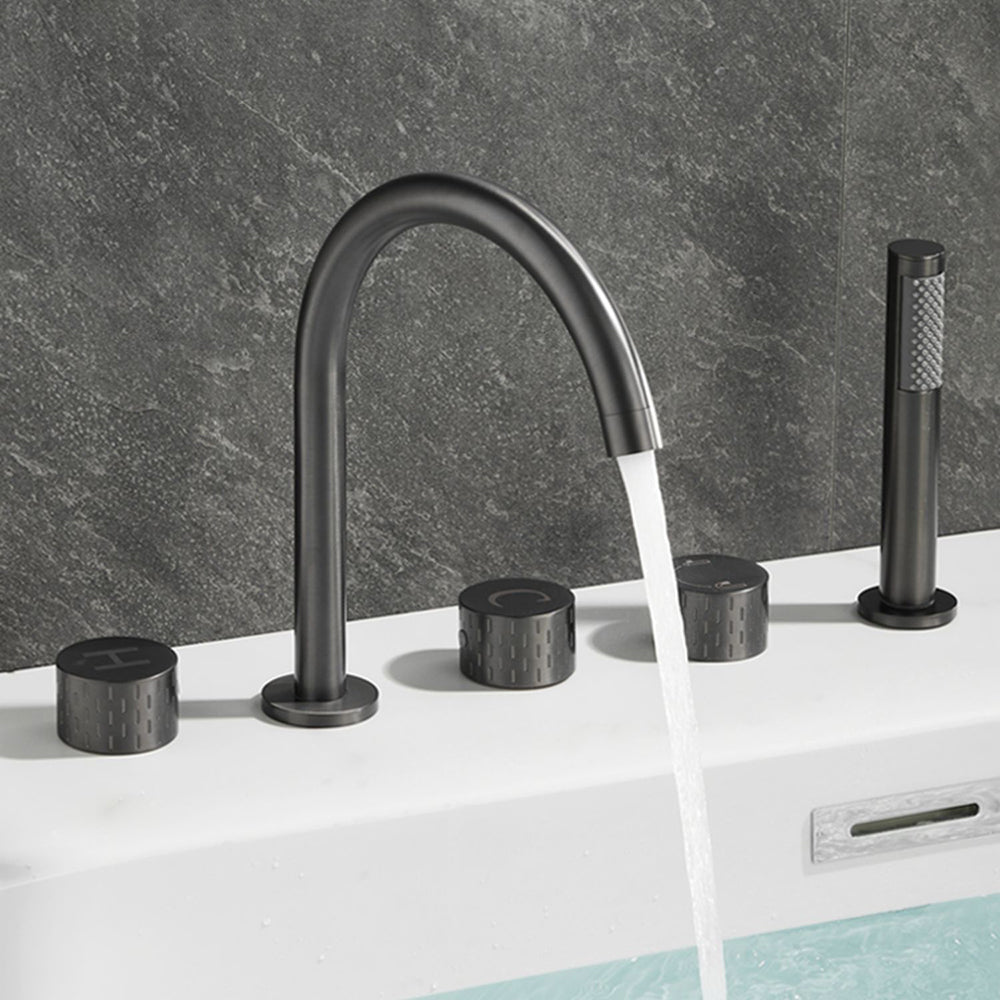 Contemporary Deck Mounted Copper Tub Faucet Low Arc Roman Tub Faucet Set Clearhalo 'Bathroom Remodel & Bathroom Fixtures' 'Bathtub Faucets' 'bathtub_faucets' 'Home Improvement' 'home_improvement' 'home_improvement_bathtub_faucets' 6743606
