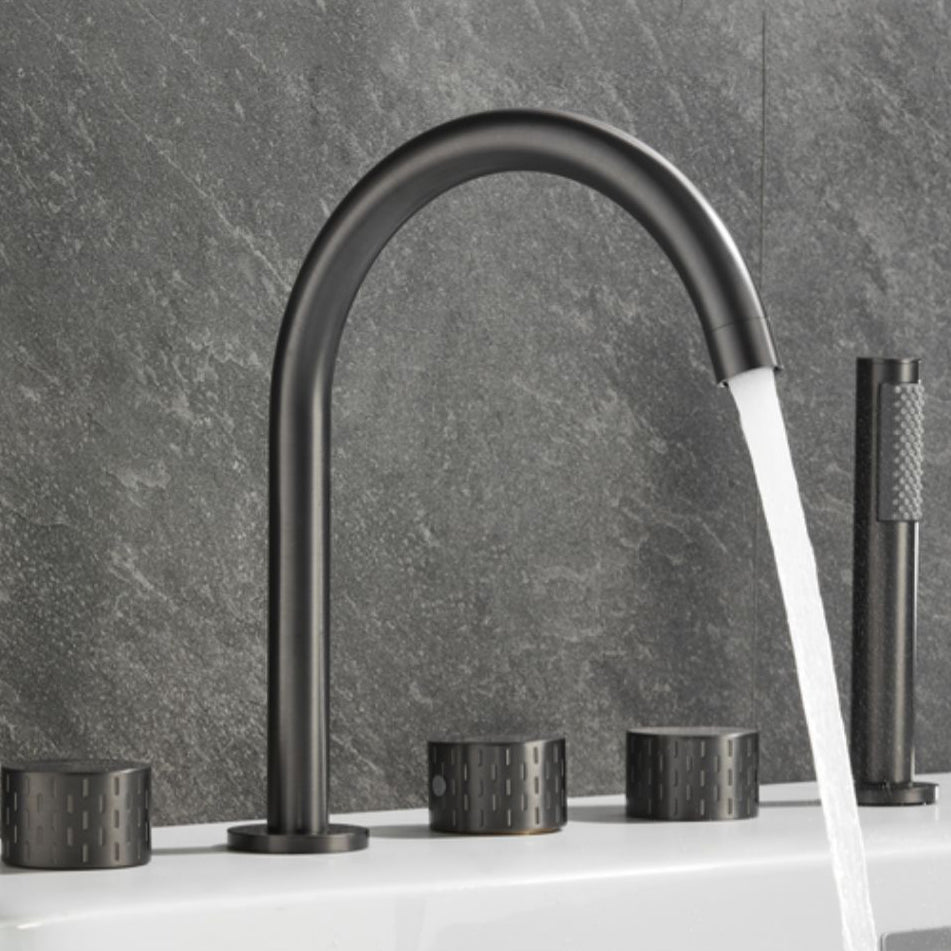 Contemporary Deck Mounted Copper Tub Faucet Low Arc Roman Tub Faucet Set Clearhalo 'Bathroom Remodel & Bathroom Fixtures' 'Bathtub Faucets' 'bathtub_faucets' 'Home Improvement' 'home_improvement' 'home_improvement_bathtub_faucets' 6743608