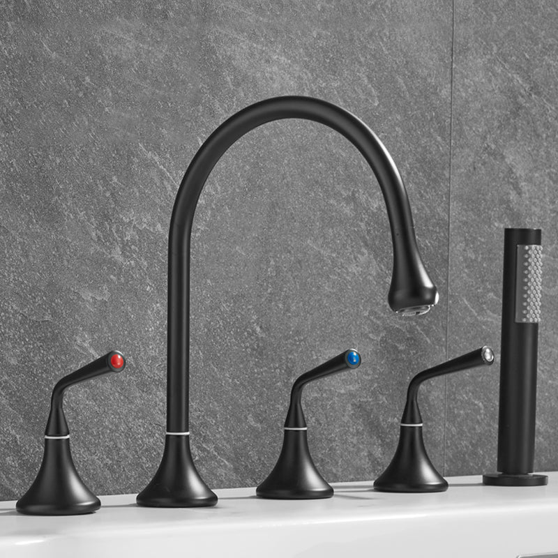 Contemporary Deck Mounted Copper Tub Faucet Low Arc Roman Tub Faucet Set Black Gooseneck Lever Handles Clearhalo 'Bathroom Remodel & Bathroom Fixtures' 'Bathtub Faucets' 'bathtub_faucets' 'Home Improvement' 'home_improvement' 'home_improvement_bathtub_faucets' 6743610