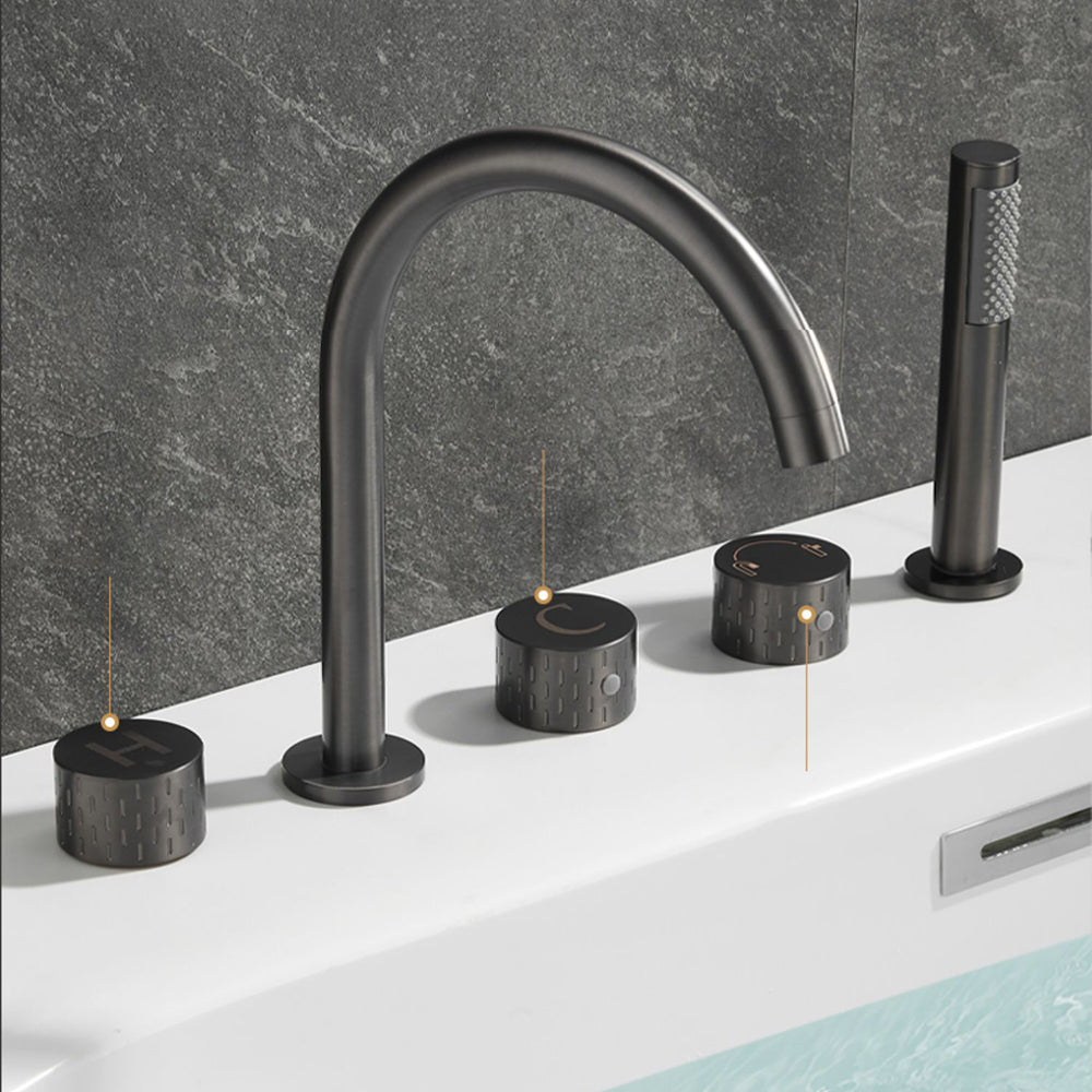 Contemporary Deck Mounted Copper Tub Faucet Low Arc Roman Tub Faucet Set Clearhalo 'Bathroom Remodel & Bathroom Fixtures' 'Bathtub Faucets' 'bathtub_faucets' 'Home Improvement' 'home_improvement' 'home_improvement_bathtub_faucets' 6743619