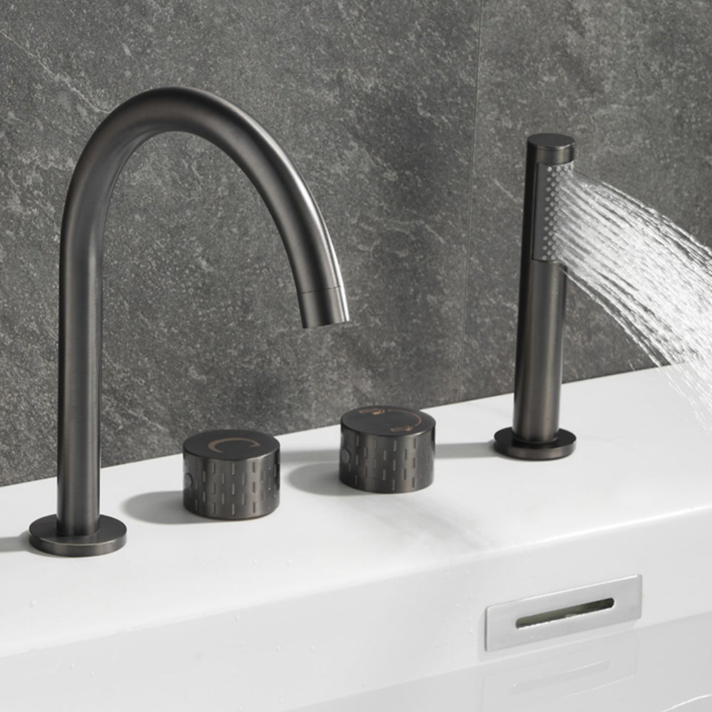 Contemporary Deck Mounted Copper Tub Faucet Low Arc Roman Tub Faucet Set Clearhalo 'Bathroom Remodel & Bathroom Fixtures' 'Bathtub Faucets' 'bathtub_faucets' 'Home Improvement' 'home_improvement' 'home_improvement_bathtub_faucets' 6743620
