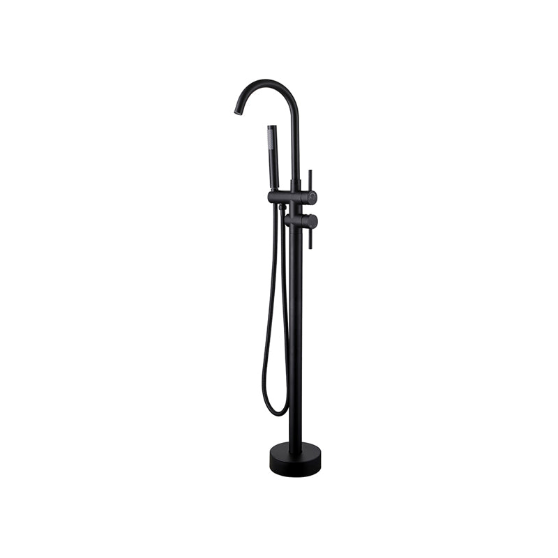 Floor Mounted Metal Freestanding Tub Filler Two Handles Freestanding Tub Filler Trim Black Gooseneck Clearhalo 'Bathroom Remodel & Bathroom Fixtures' 'Bathtub Faucets' 'bathtub_faucets' 'Home Improvement' 'home_improvement' 'home_improvement_bathtub_faucets' 6743628