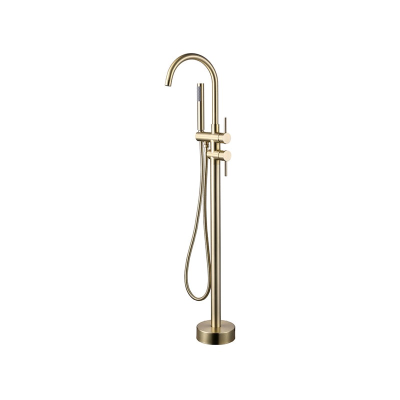 Floor Mounted Metal Freestanding Tub Filler Two Handles Freestanding Tub Filler Trim Gold Gooseneck Clearhalo 'Bathroom Remodel & Bathroom Fixtures' 'Bathtub Faucets' 'bathtub_faucets' 'Home Improvement' 'home_improvement' 'home_improvement_bathtub_faucets' 6743634